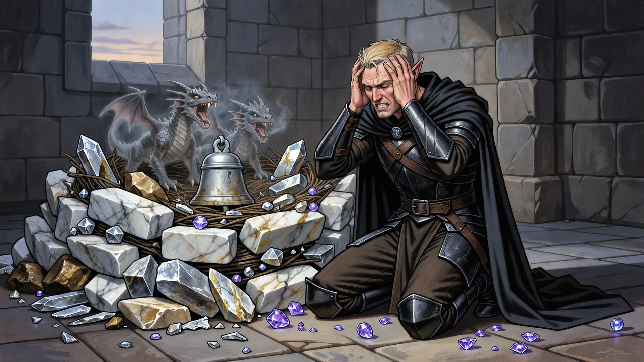 Two small translucent grey dragon hatchlings shriek in a nest built of stones and metal as an elf drops to his knees before them and glittering gems roll across the floor.