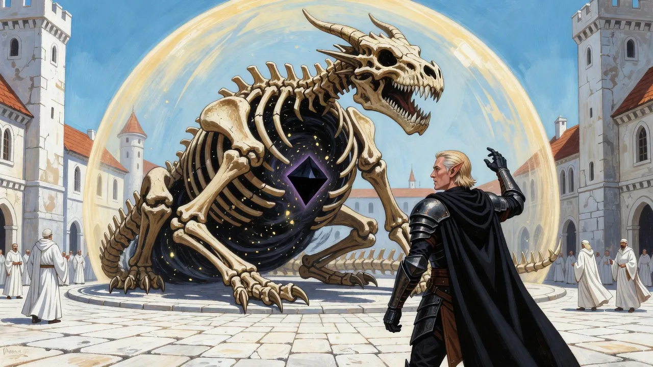 A colossal dragon skeleton lies under a faint shimmering dome on a white stone square, a black diamond glowing in its ribs, lifting its blind skull toward a dark-cloaked elf calling from the crowd.