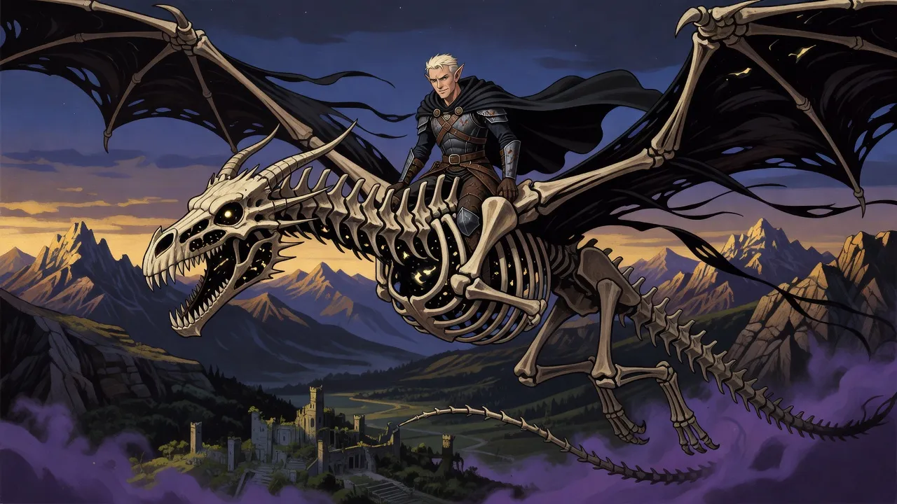 A dark-cloaked elf rides on the neck of a flying dragon made of bare bones high over a dusky mountain valley.