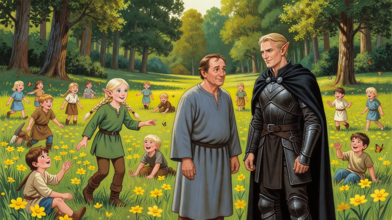 A tired, kindly man in a grey-blue robe faces a dark-cloaked elf on a sunny glade full of laughing children at play, a girl with fair braids among them.