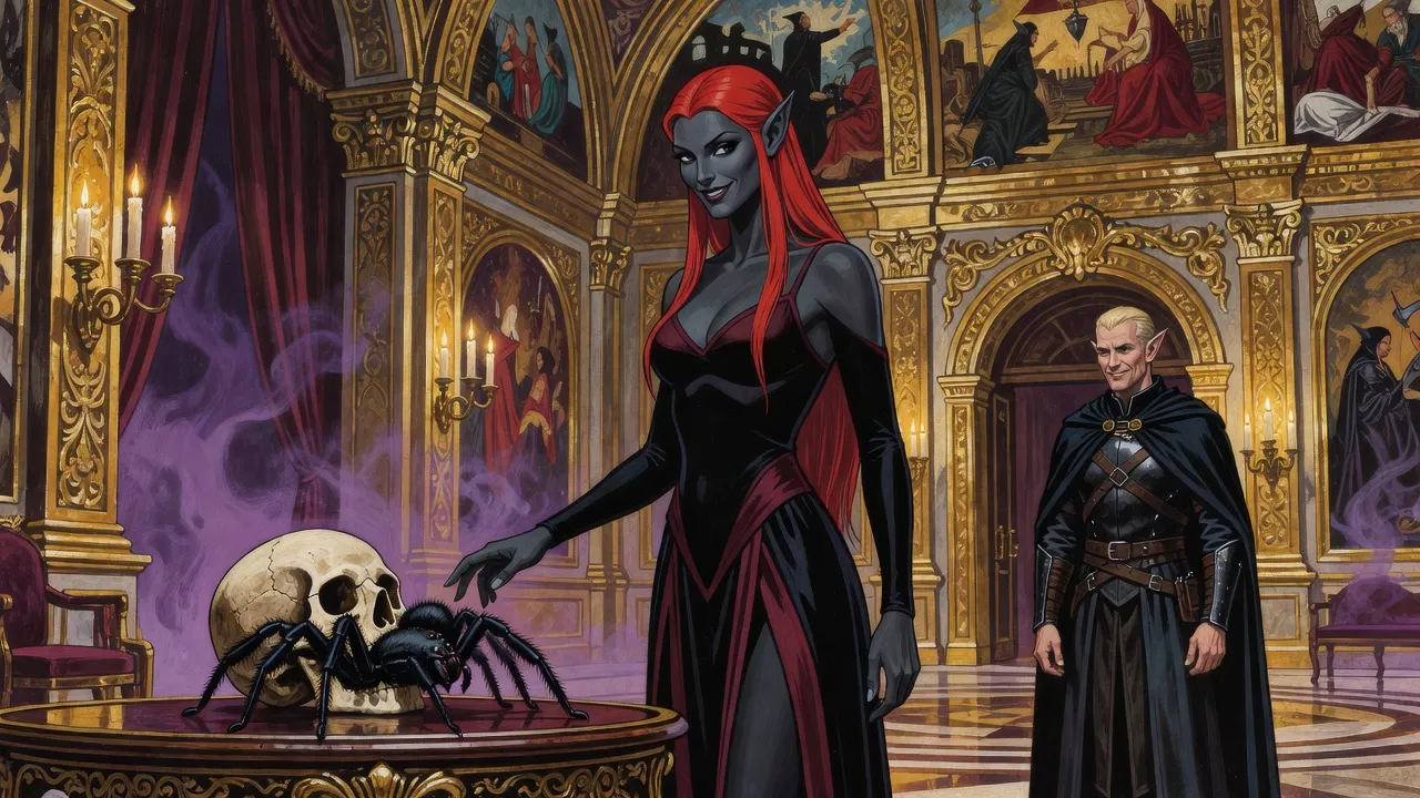 In a tall gilded room with a painted ceiling, a scarlet-haired dark elf woman reaches toward a hairy black spider the size of a dog crawling out of a skull, while an elf watches warily from the doorway.