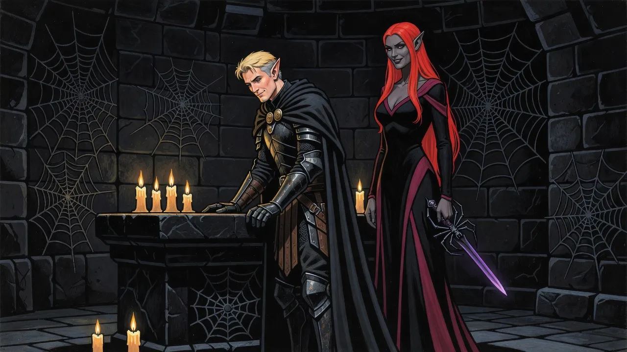In a dark shrine an elf leans on a black altar, unaware, as a scarlet-haired dark elf woman behind him draws a dagger with a spider-shaped hilt from the folds of her gown.