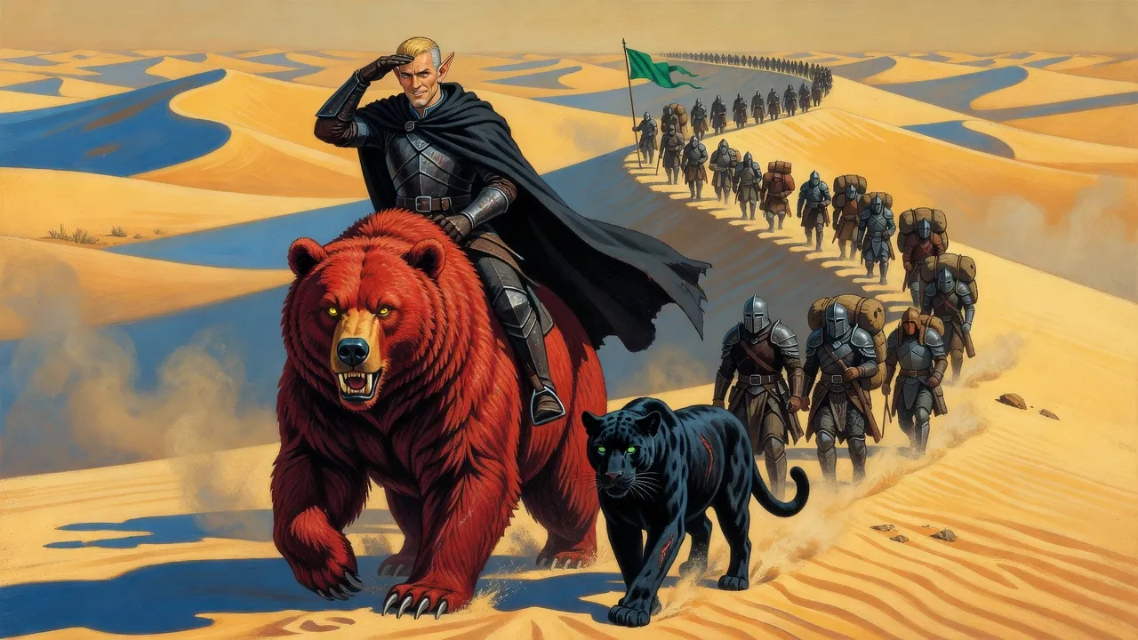 A dark-cloaked elf rides a huge shaggy bear at the head of a long column crossing golden dunes, a black panther pacing beside him.