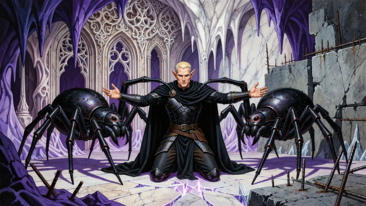 An elf kneels on a crystal floor between two giant armoured spiders in a cave palace whose walls melt from marble into concrete.