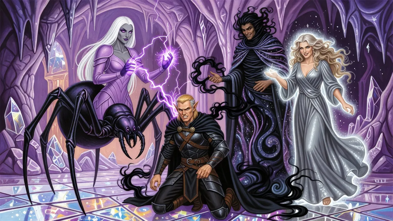 A giant spider-woman and a dark god made of shadow pull at a kneeling elf with streams of violet and black light, a silver-glowing goddess behind them.