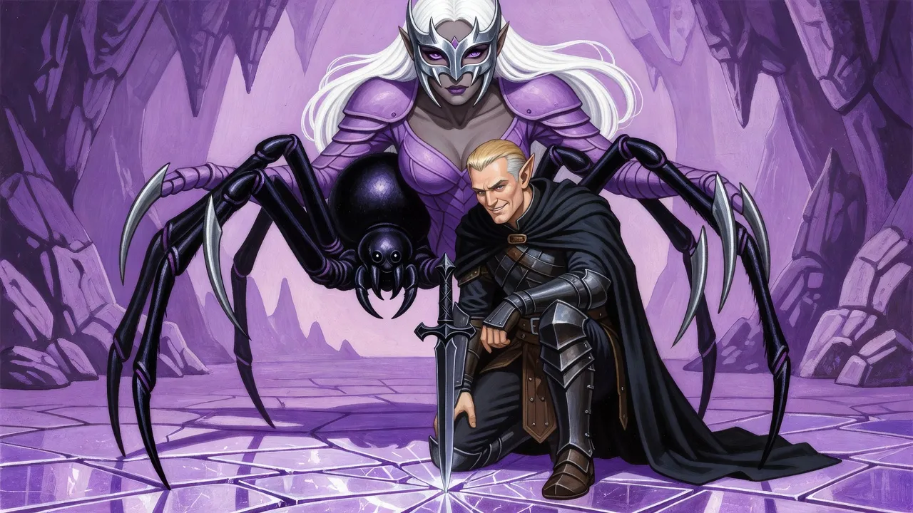 A faceted black dagger with a spider-shaped hilt stands stabbed into a crystal floor beside a kneeling elf’s boot, a masked spider goddess looming behind.