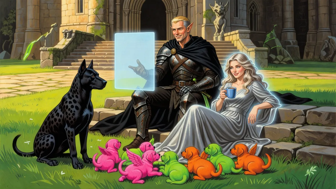 An elf in black armour smiles at a blank floating pane of light on temple steps beside a sleepy goddess with a blue mug and a litter of brightly coloured puppies.