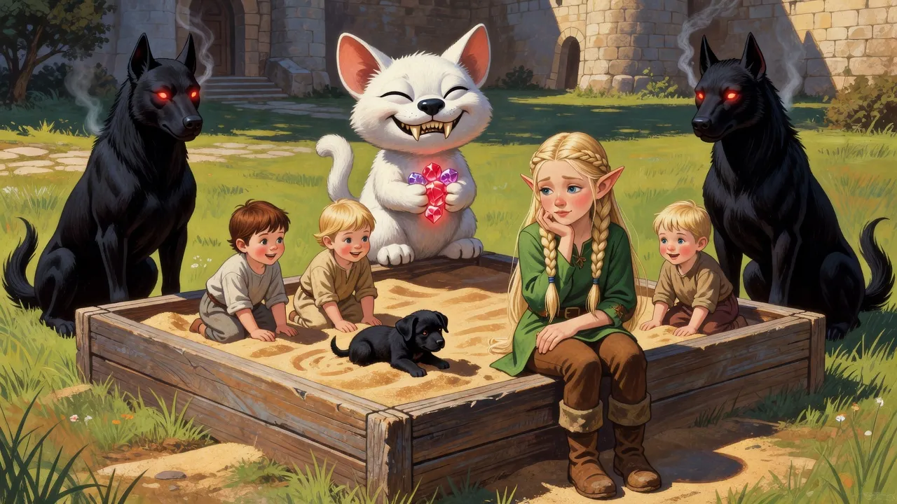A young elf girl watches toddlers bury a puppy in a sandbox while two black hounds sit like sphinxes and a big-eared white creature clutches rubies on the rim.