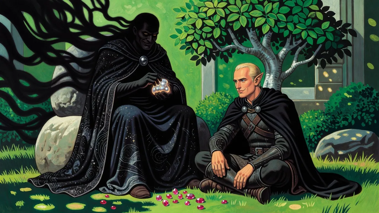 A god cloaked in darkness sits on a soft-looking stone throne under a leafy little tree, kneading a glowing lump of metal while an elf watches and rubies glitter in the grass.
