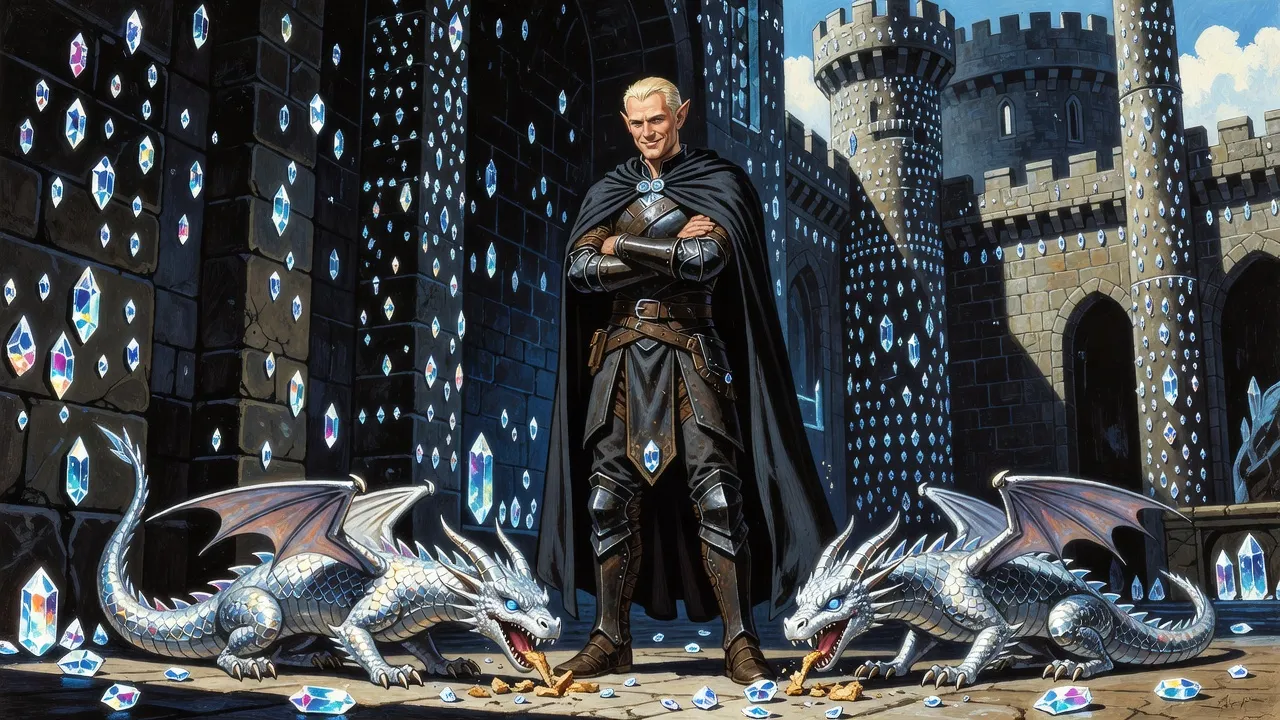 A castle wall glittering with thousands of teardrop crystals while two small half-transparent dragons crunch fallen crystals and an elf looks on.