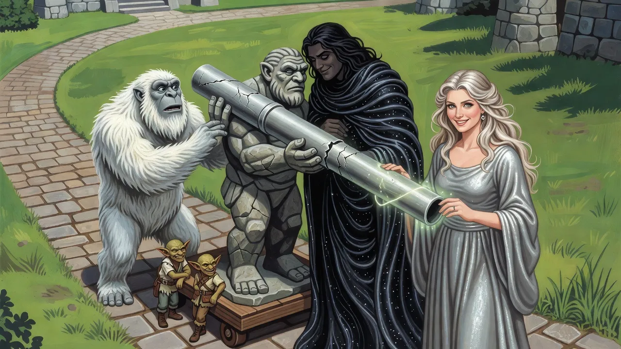 A huge white-furred troll reaches up to take a long dented metal barrel from the opening stone hand of a troll statue on a cart, while two gods beside it lay light along the barrel.