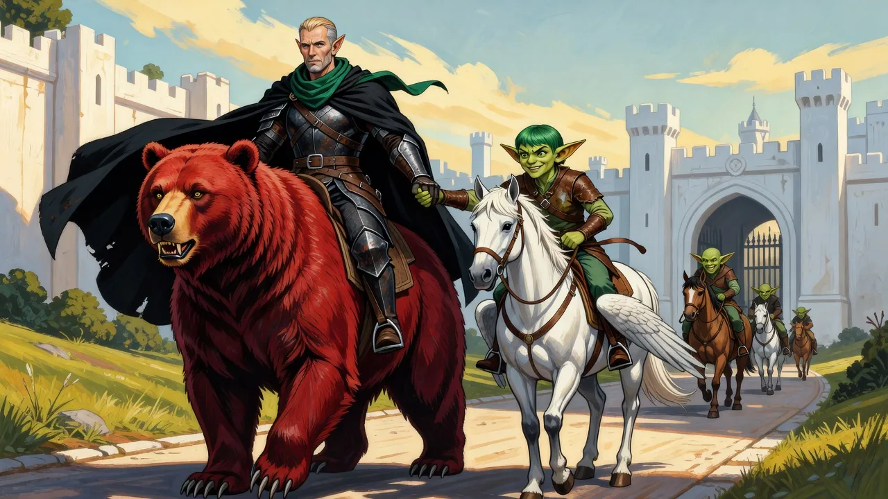 An elf on a huge shaggy bear rides beside a green-haired goblin woman on a white pegasus who leans over to grip his hand.