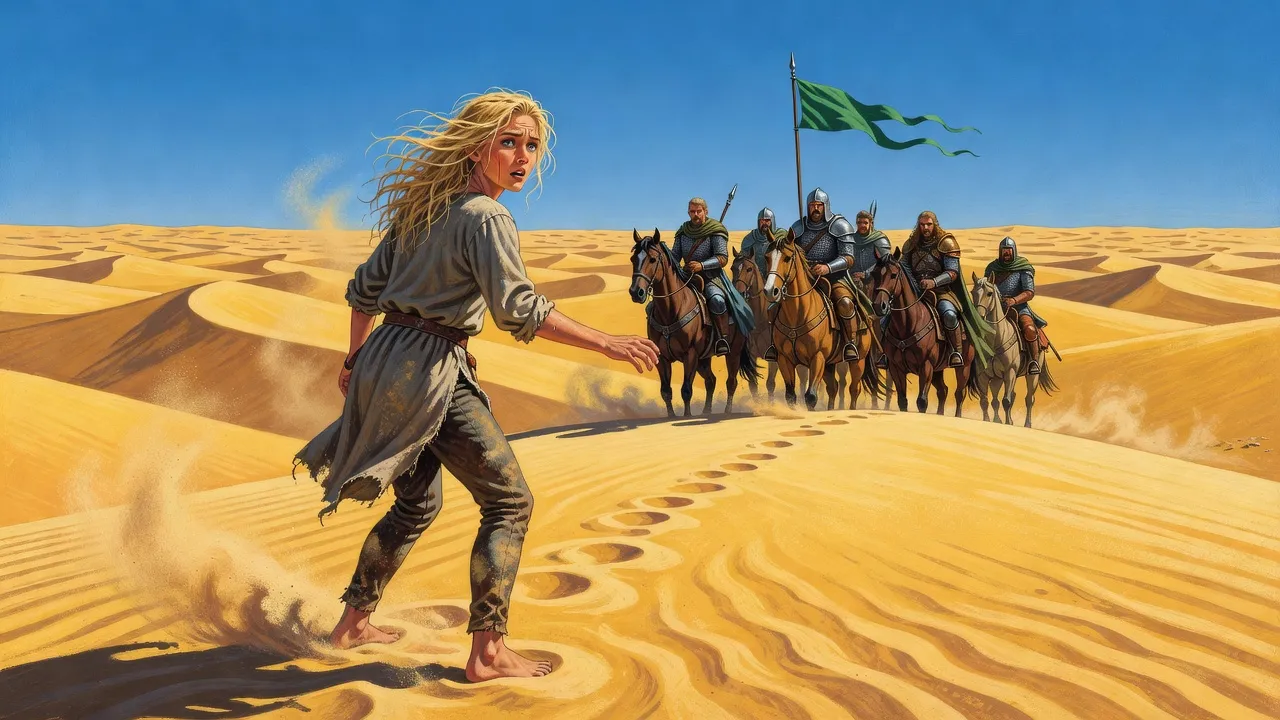 A ragged young woman stumbles down a sand dune toward a halted column of riders on the crest.