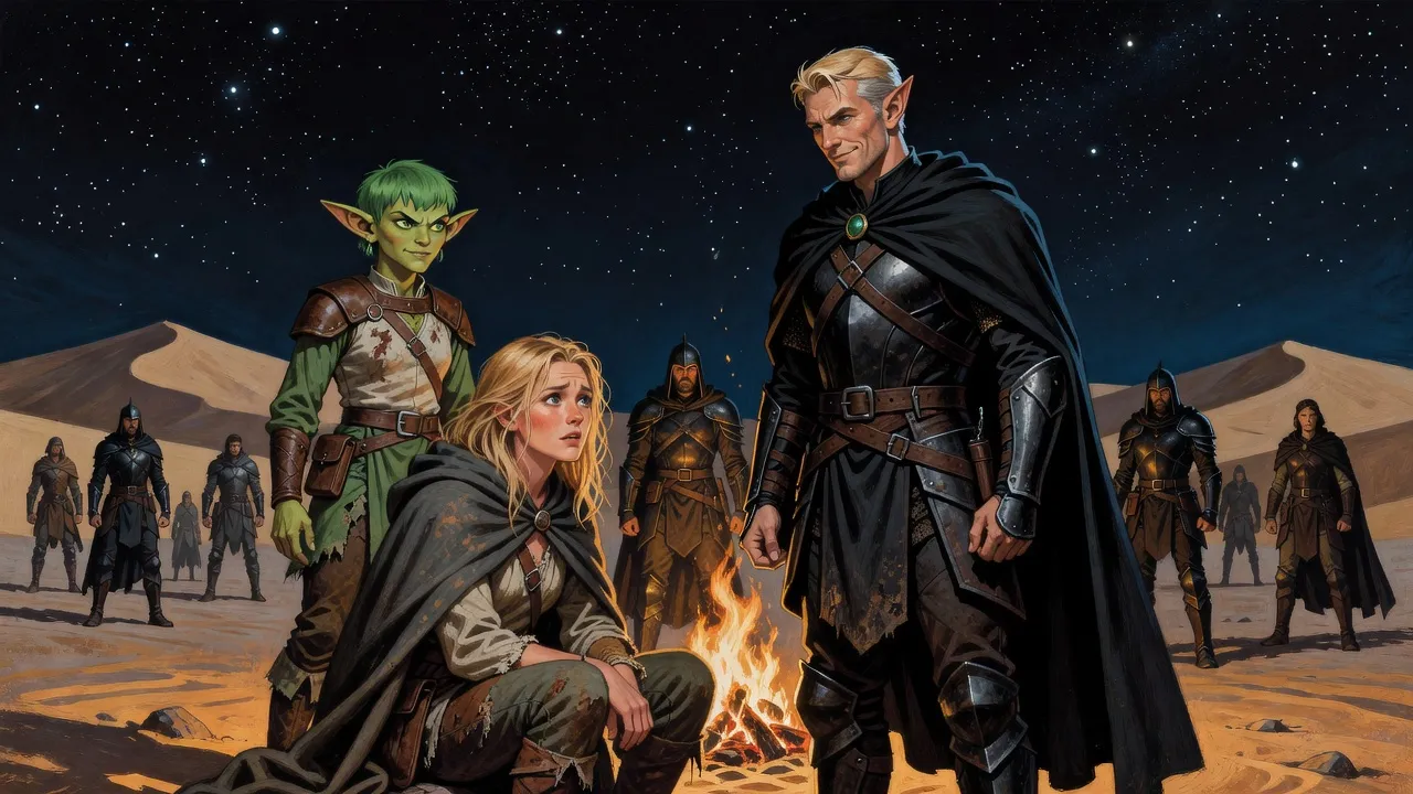 At a desert campfire under the stars an elf stands looking down at a young woman wrapped in a cloak, while armoured mercenaries rise behind them.