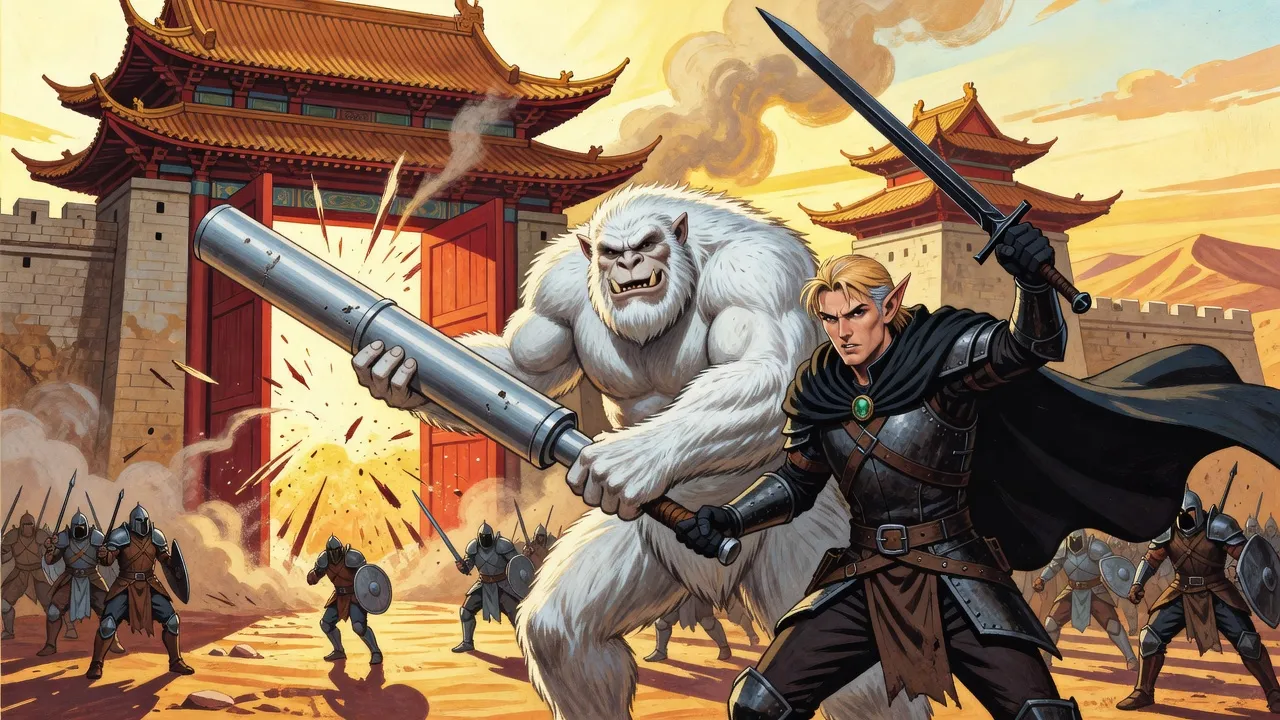 A huge white-furred troll smashes open a red-lacquered fortress gate with a long metal barrel at dawn while an elf in black armour charges behind him.