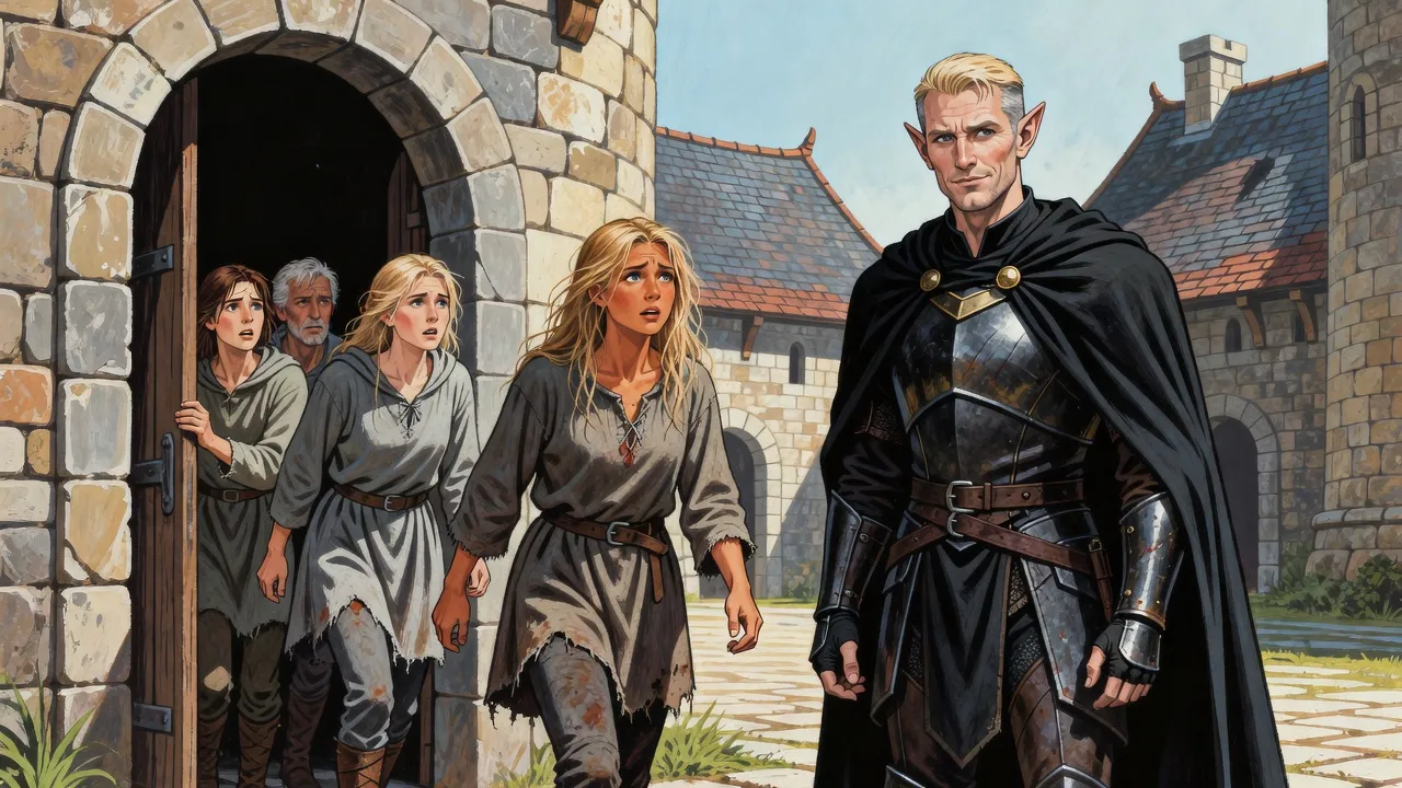 Thin, worn people in grey smocks step blinking from a dark doorway into a sunlit fortress courtyard, led by a young woman while an elf watches.