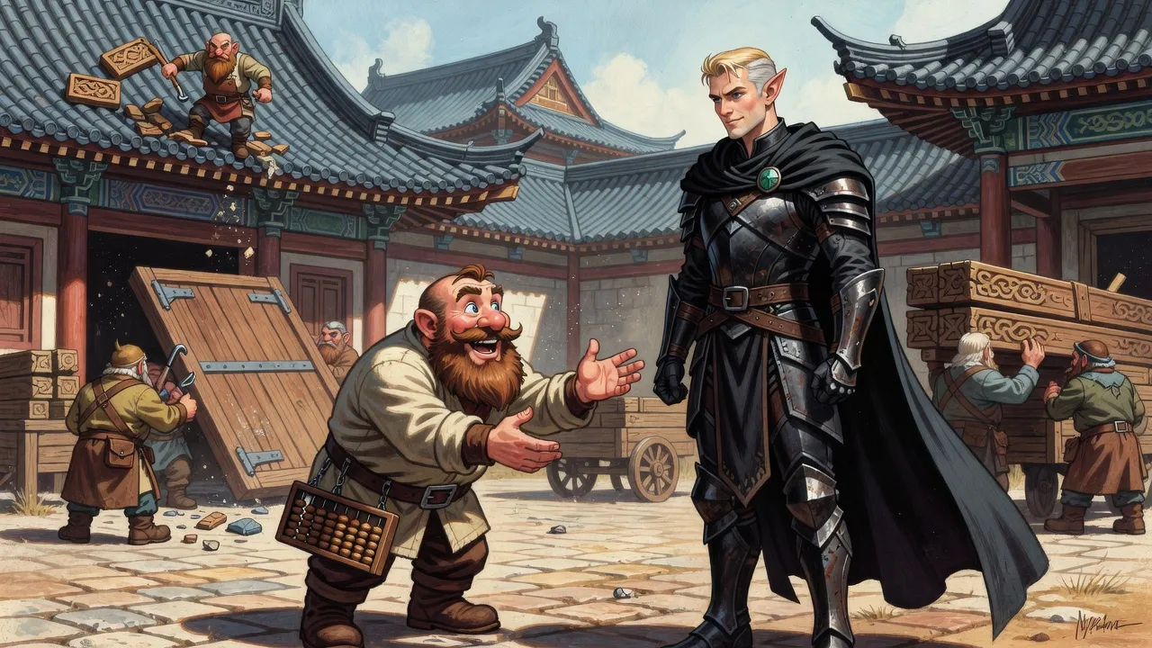 A beaming dwarf foreman with a forked beard bows to an elf in black armour while dwarves in work aprons strip roofs and doors from a fortress behind them.