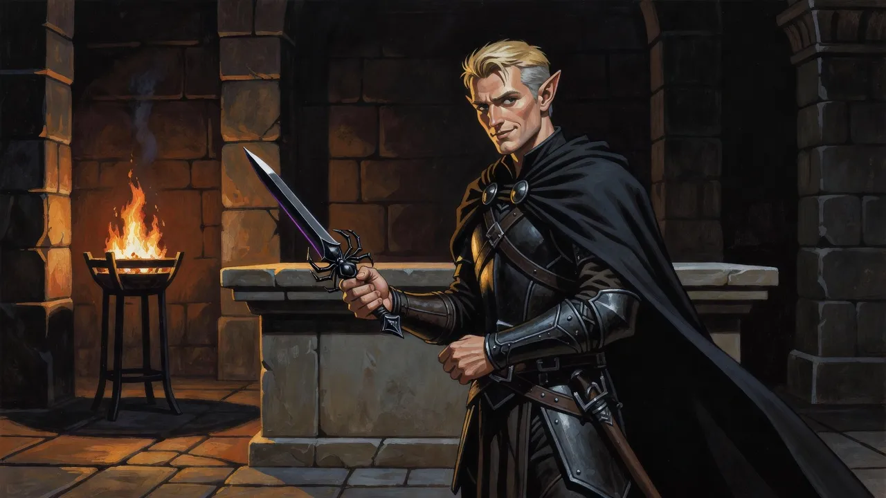 An elf alone in a dim stone hall turns a spider-hilted black dagger in the light of a brazier, an empty altar behind him.