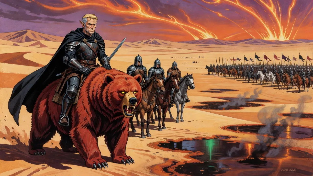 An elf on a huge bear leads a line of riders facing a vast army across a desert scorched into glassy patches under a sky lit by spells.