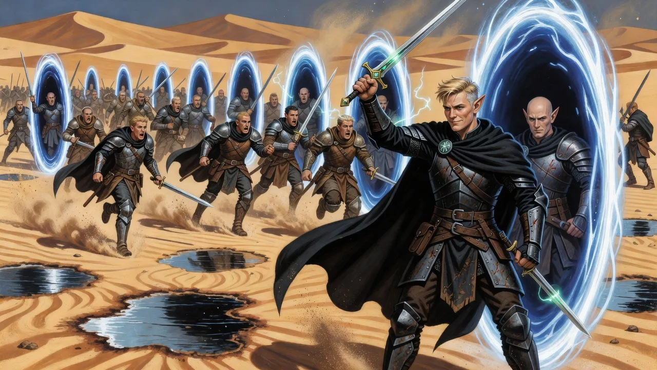 Armoured raiders charge out of tall glowing oval portals into the flank of an enemy line on a desert battlefield while an elf directs them.