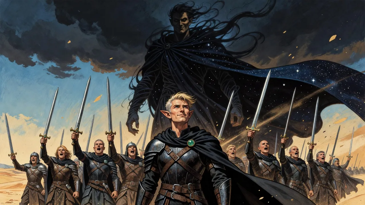 A colossal dark god wrapped in starry shadow fills the sky above a desert battlefield as an elf and armoured warriors raise their weapons toward him.