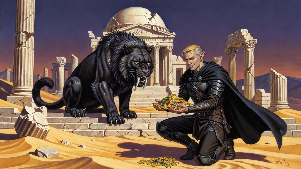 An elf kneels before a huge flickering black sabre-toothed cat on the steps of a ruined desert temple, holding out a heap of treasure.