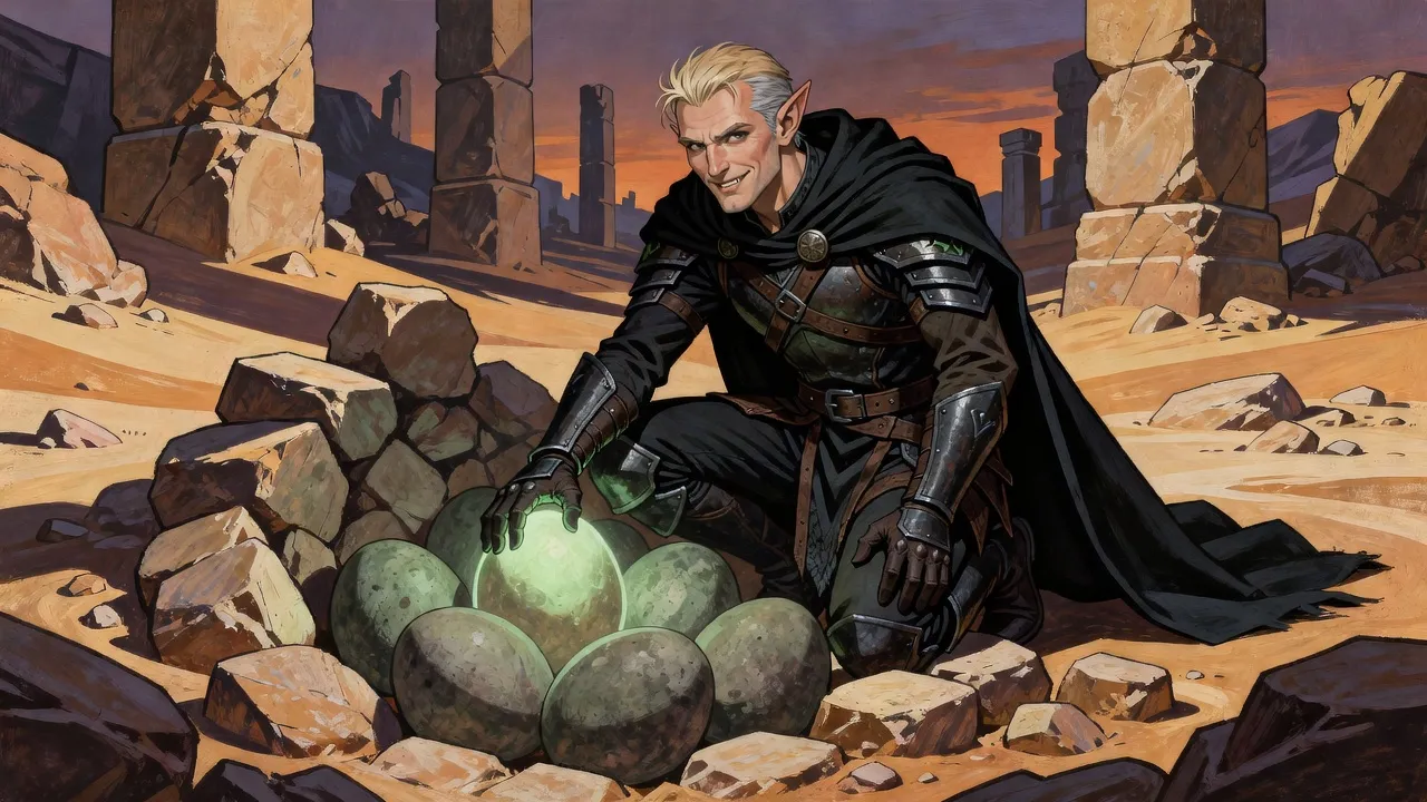 An elf crouches with his hand on one of a clutch of huge mottled eggs in a nest of rubble, a soft green glow around his hand.
