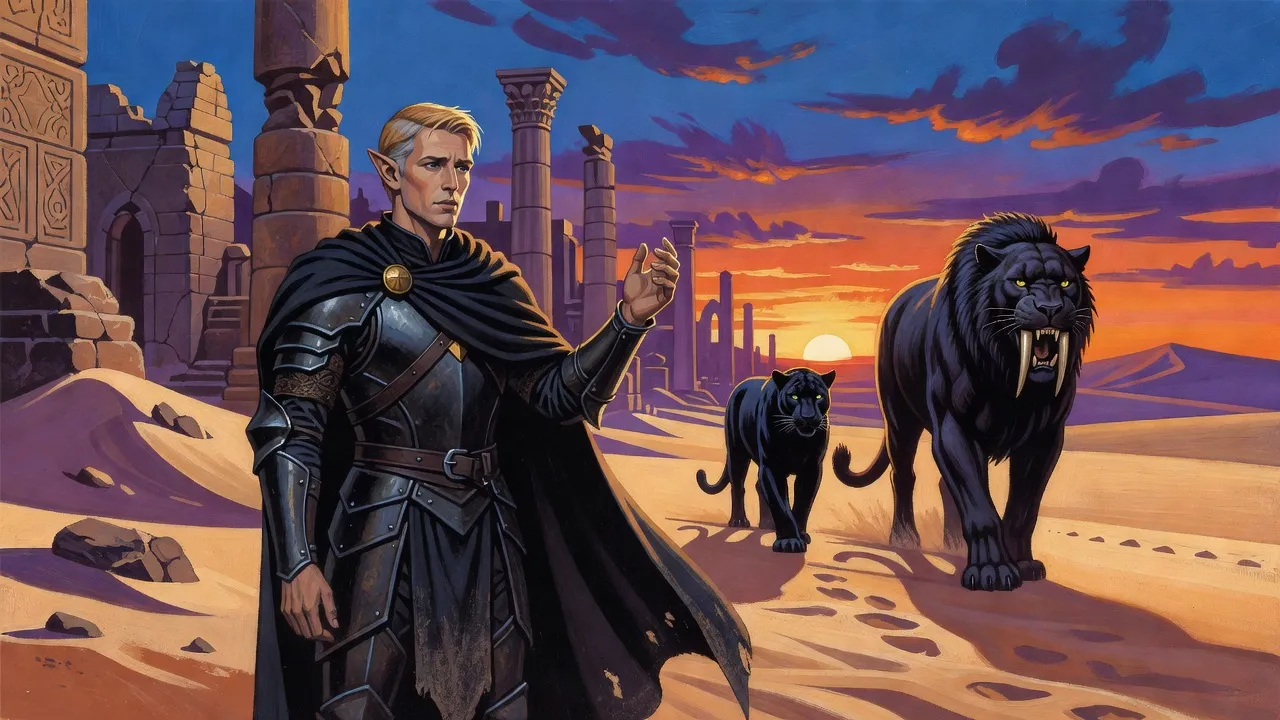 A black panther and a huge shimmering sabre-toothed cat pad side by side across the sand as they leave, while an elf watches from the ruins.