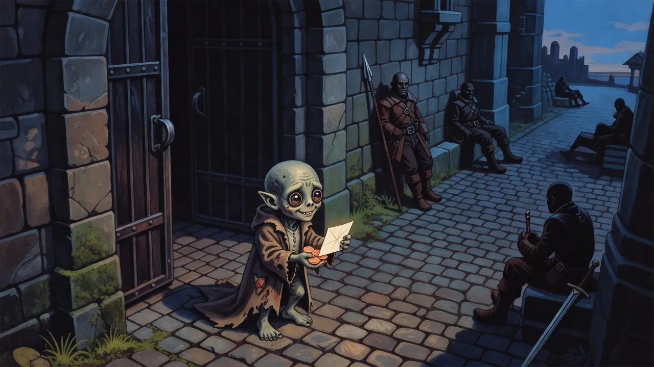 A tiny hunched zombie in a too-big coat walks out of a dark castle gate at dusk holding coins and a folded note, toward armed figures on the road.