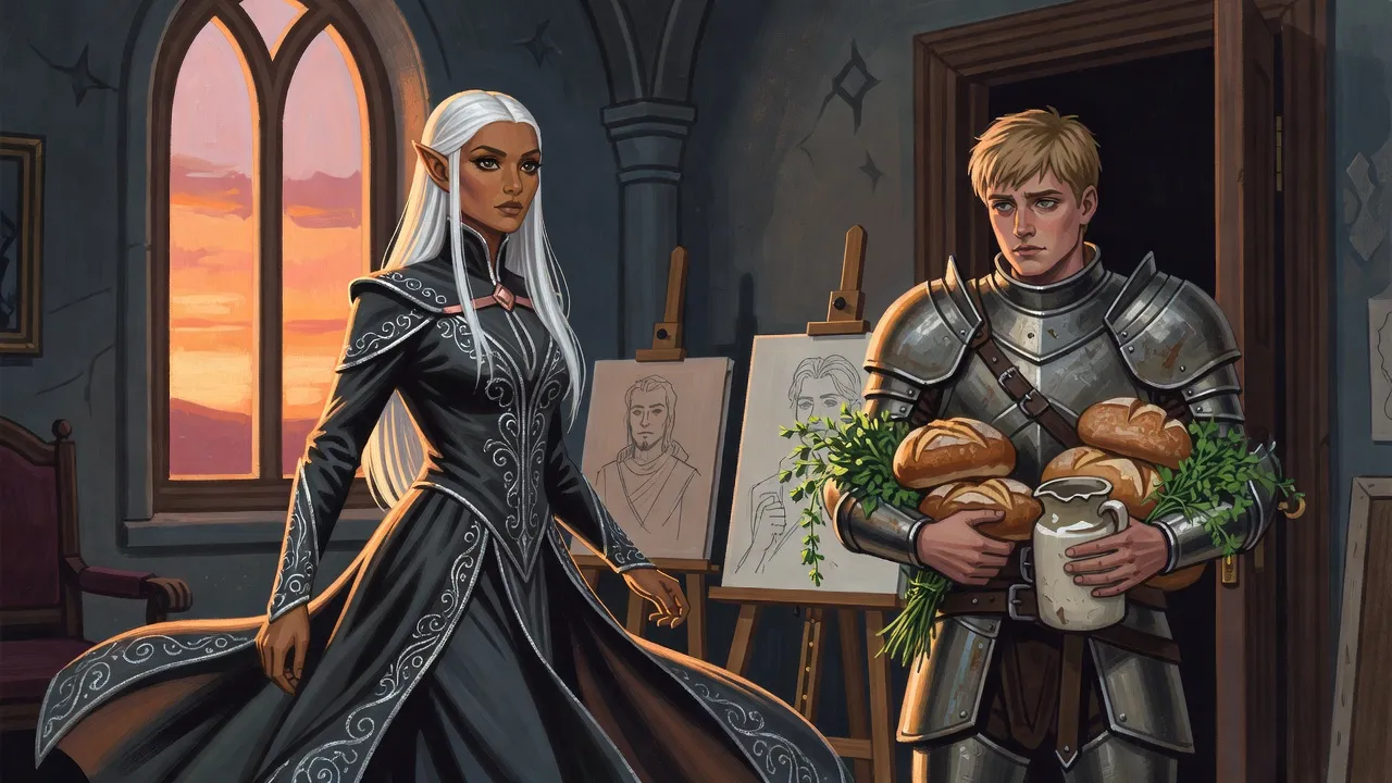 A dark-skinned drow woman with white hair turns from a tall sunset window toward a young armoured man frozen in the doorway with his arms full of bread and greens, portraits on easels between them.