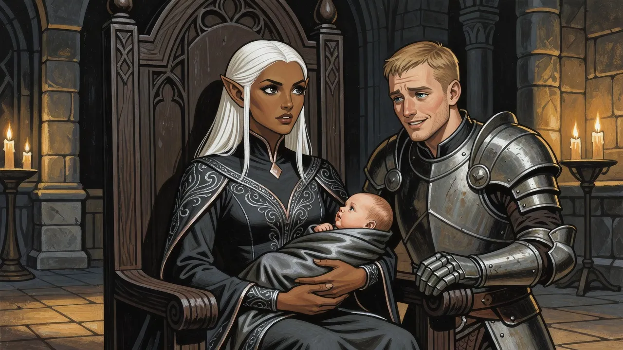 A drow woman in a high-backed chair holds a swaddled newborn while a young man in plate armour stands beside her, smiling down at the child.