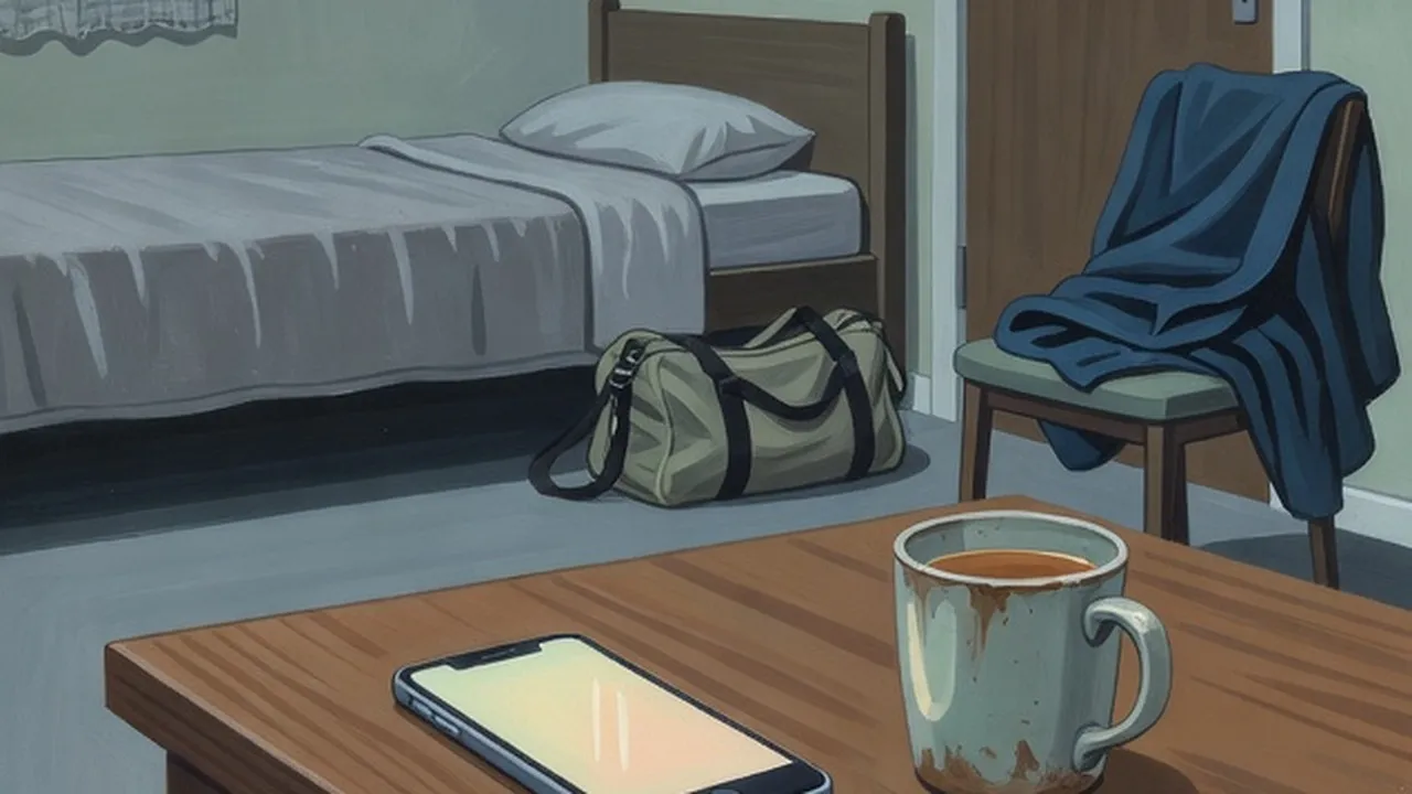 A plain small room at dusk with a made bed, a packed travel bag by the door and a phone glowing on a bare table, nobody there.