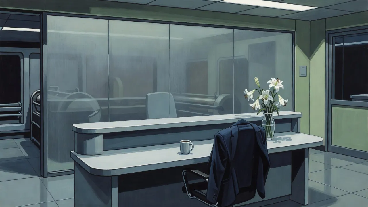 An empty curved reception desk in a sleek cryonics office at night, a jacket on the chair, a cold cup and wilting lilies, frosted glass behind.