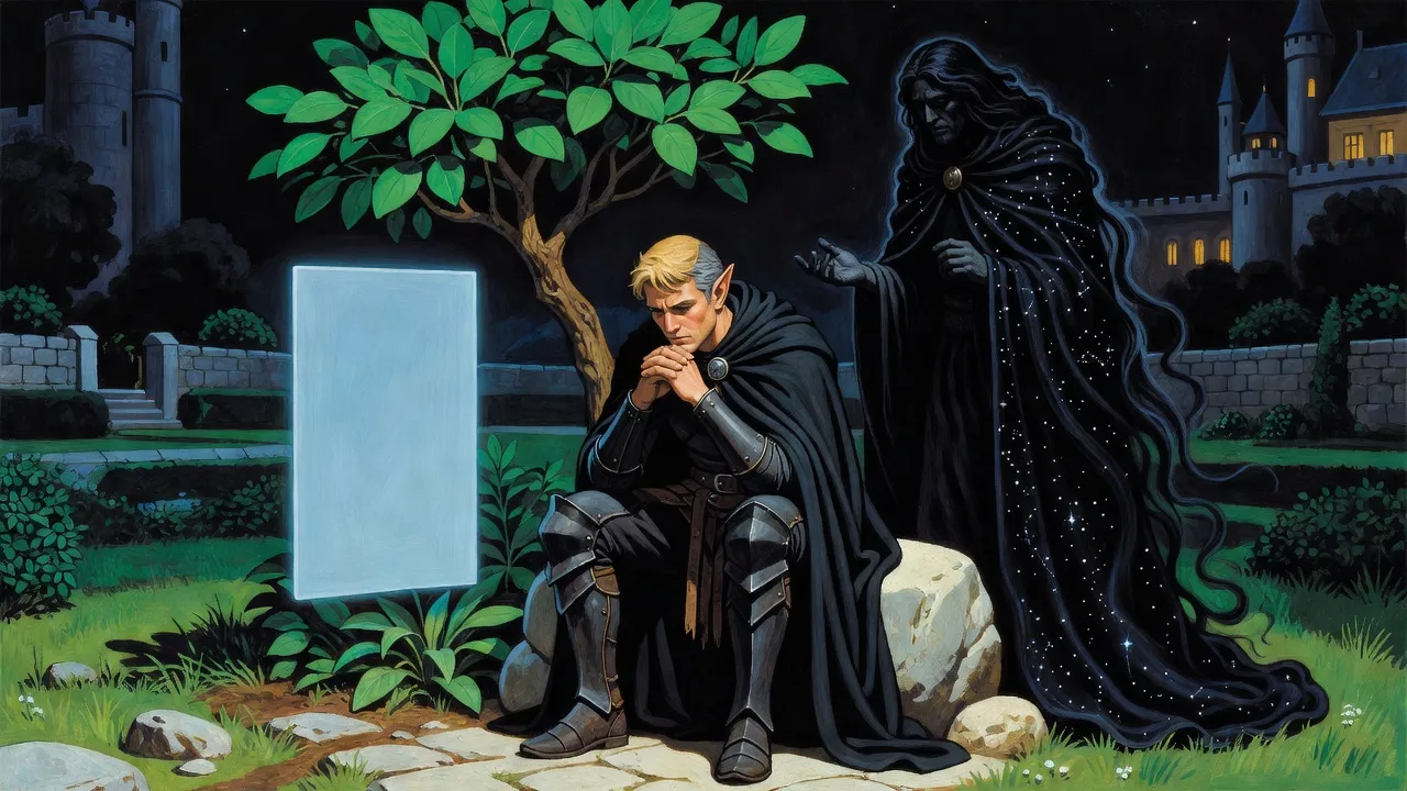 An elf sits hunched on a stone throne in a moonlit garden under a leafy tree while a god wrapped in darkness stands a few steps behind, hand half raised, castle windows glowing beyond.