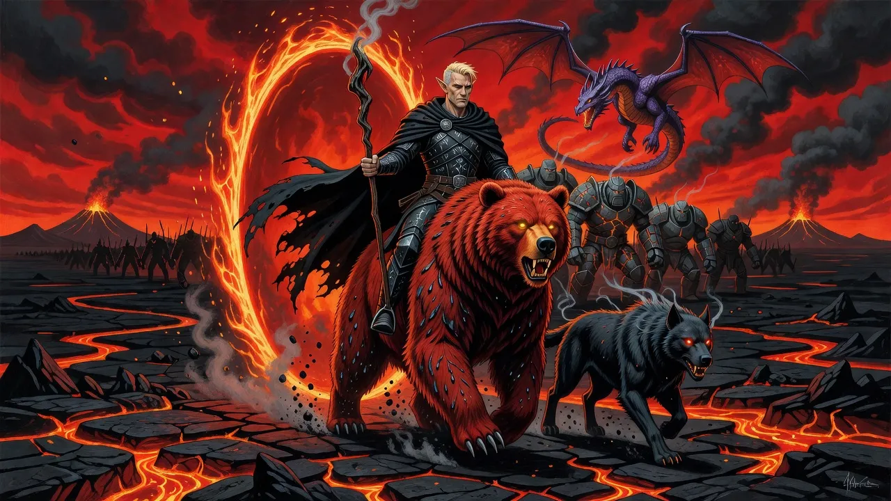 An elf knight on a huge shaggy bear leads golems, hellhounds and a young dragon out of a glowing portal arch onto a black volcanic plain under a burning sky.