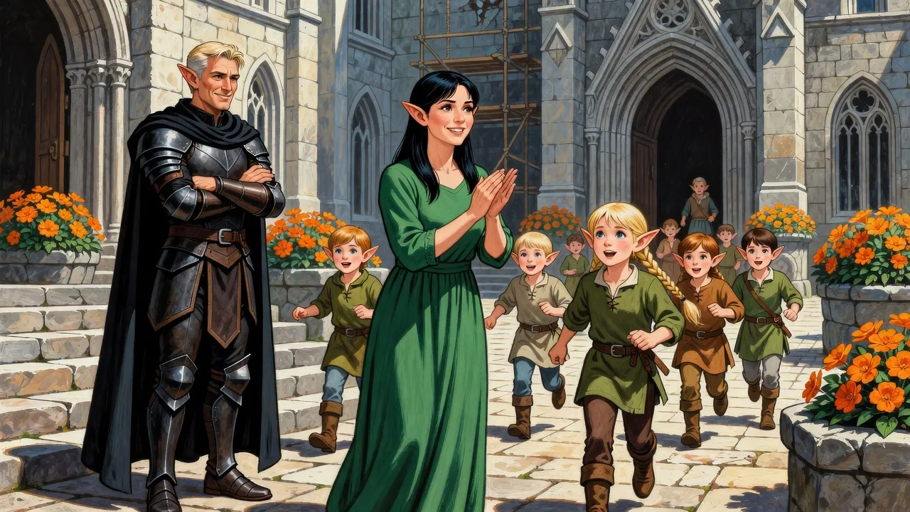 An elf woman claps her hands in a sunny castle courtyard as children run past her, while an elf knight watches from the steps.