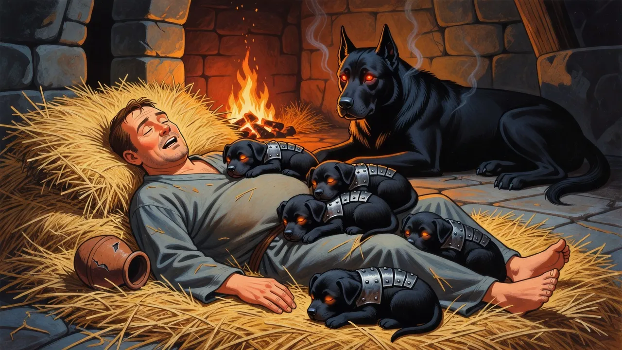 A middle-aged man in a grey-blue robe sleeps in straw under a heap of small black hellhound pups while a big hound watches.