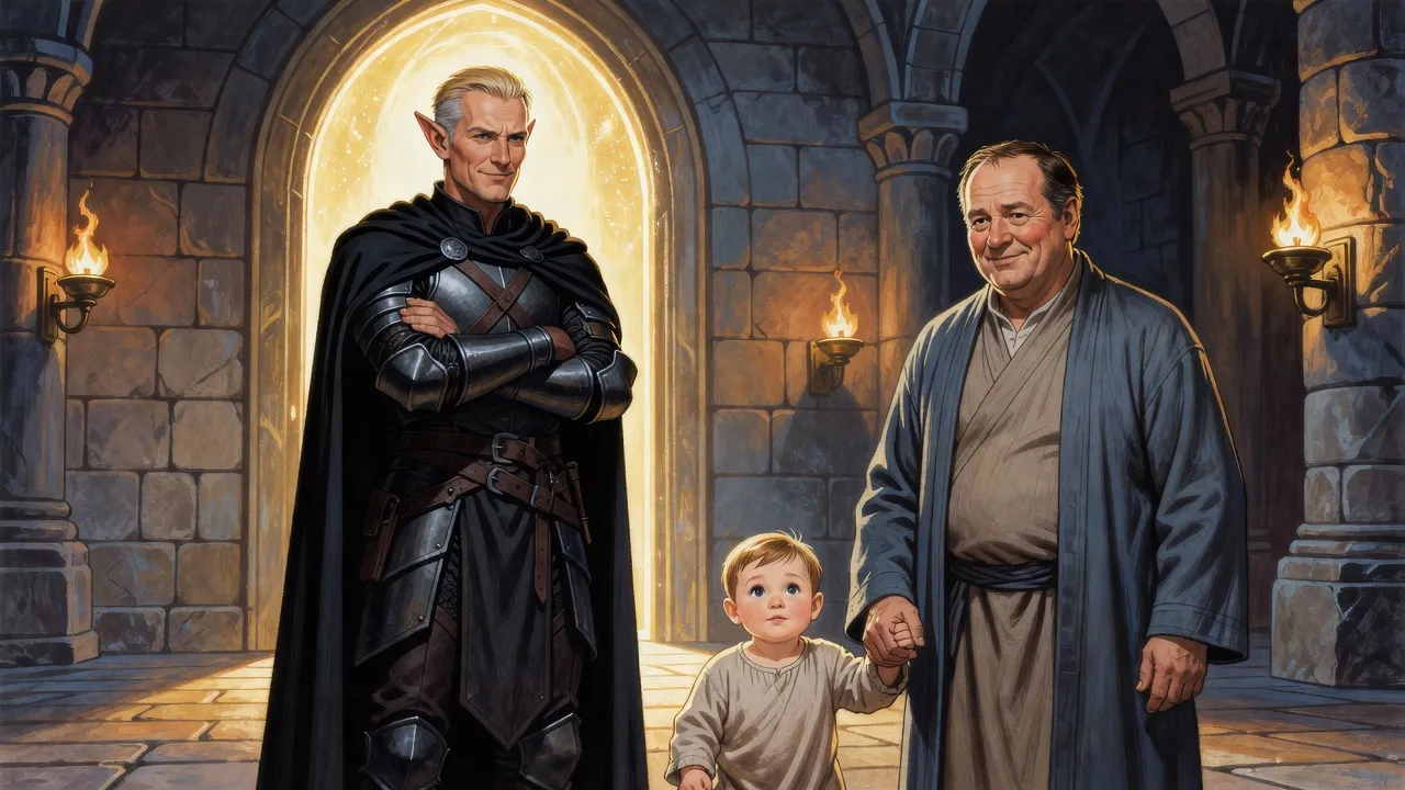 A stern elf knight with folded arms stands before a glowing portal arch as a toddler steps out holding a smiling man’s finger.