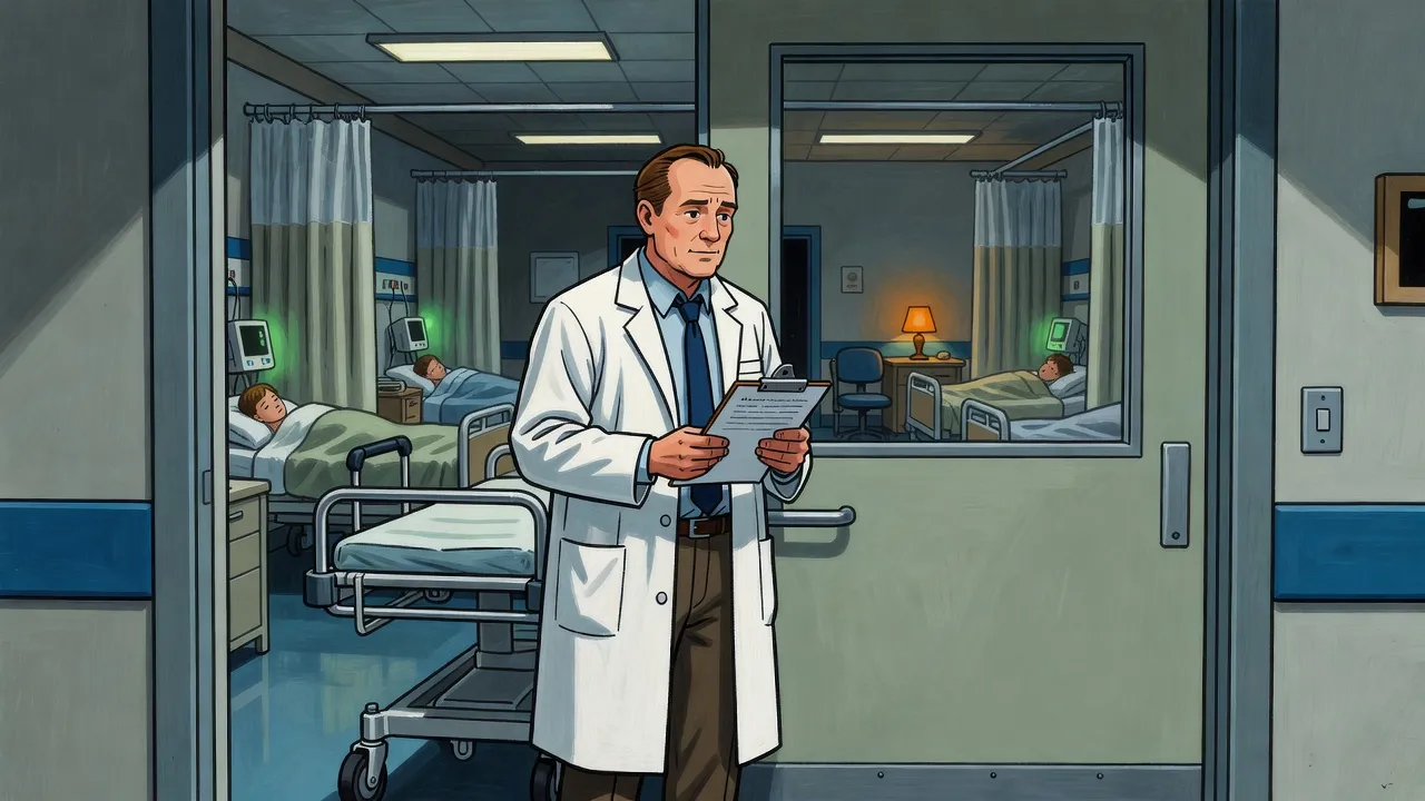 A tired doctor in a white coat stands in a dim hospital corridor by an empty gurney, outside a ward of curtained beds lit by monitor glow.