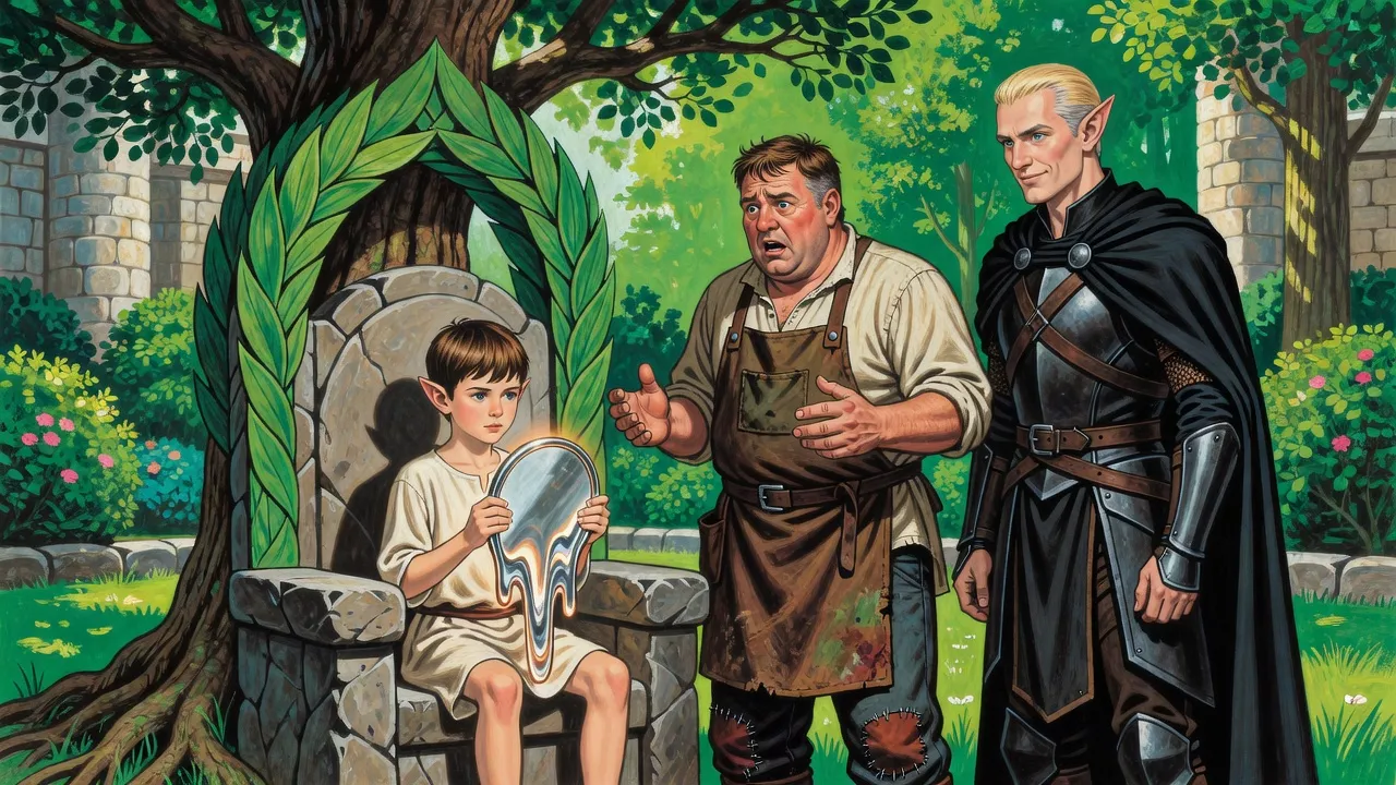 Inside a green arch of leaves, a thin boy on a stone throne holds a silver mirror melting between his hands as a craftsman gapes and an elf knight watches.