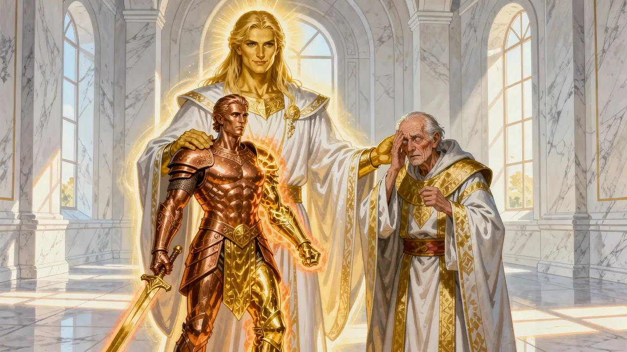 A radiant golden-haired god lays his hand on a copper statue that turns to gold while a withered old priest shields his eyes.