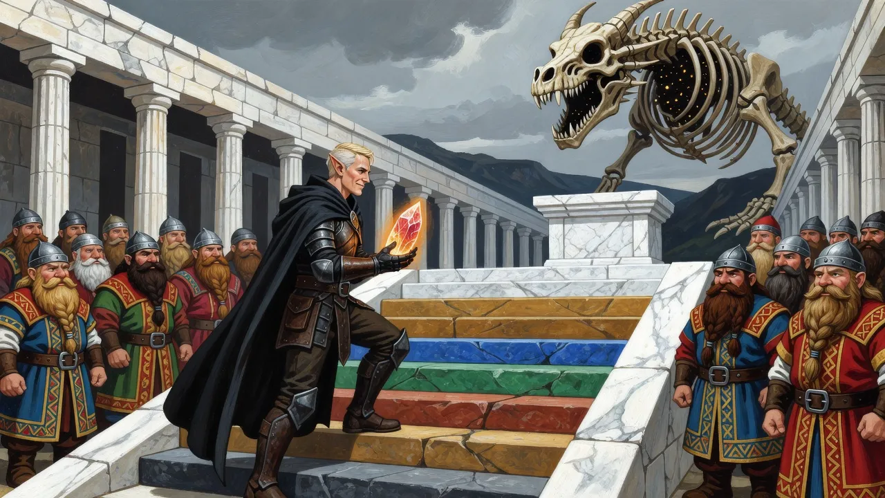 An elf knight climbs seven steps of differently coloured stone toward an altar, carrying a glowing crystal shard, between crowds of dwarves, while a skeletal dragon circles above.