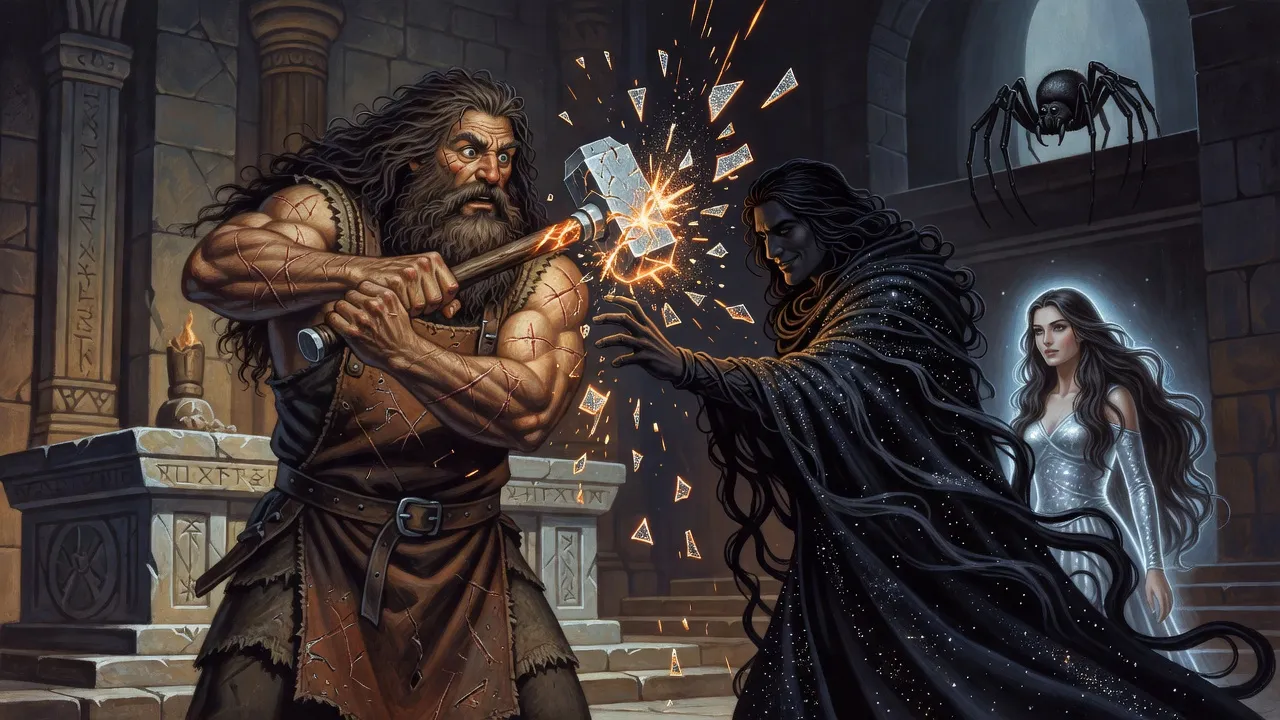 A dark god in a starry cloak catches a giant hammer in his bare hand, crushing it, as a huge shaggy smith-god stares; a goddess stands behind and a spider watches from a corner.