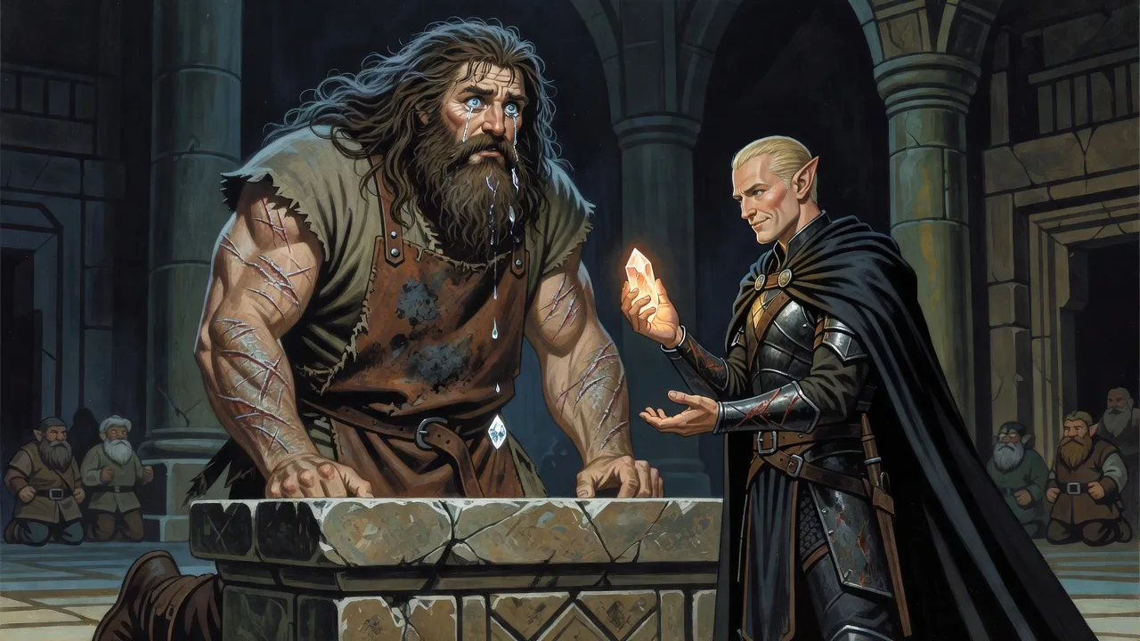A fading, kneeling smith-god sheds a tear that turns into a gem as an elf knight holds up a glowing shard and offers his hand.