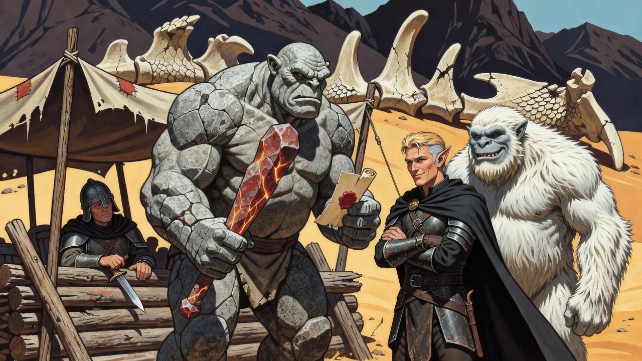 In a sun-baked desert pass, a huge pitted stone ogre with a red granite club holds out a scroll to an elf knight, a white troll behind him.
