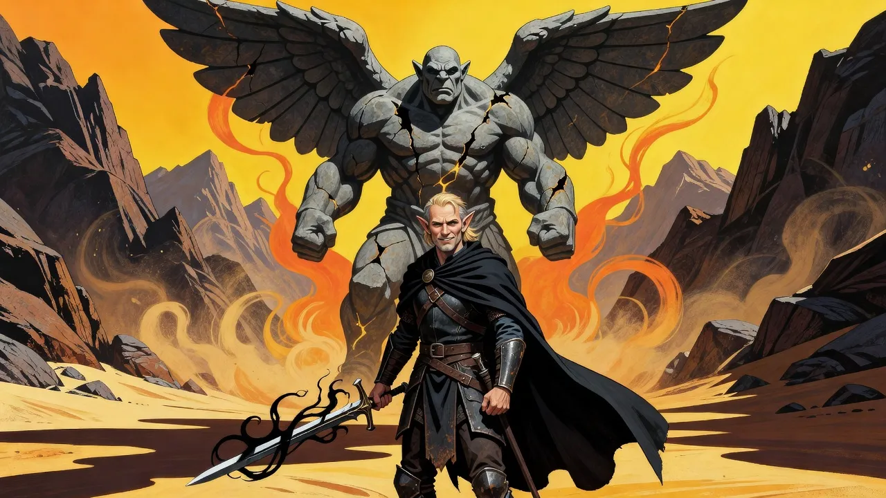 An elf knight lowers a smoking greatsword before a towering stone statue of a brute with great stone wings.