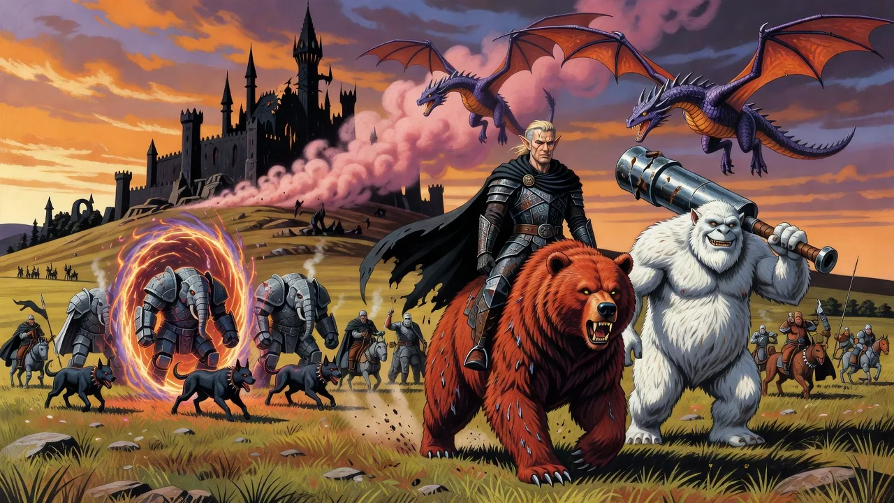 Heavy golems, hounds and an elf knight on a huge bear pour from a portal behind an army besieging a dark castle, one tower collapsed in pink dust.