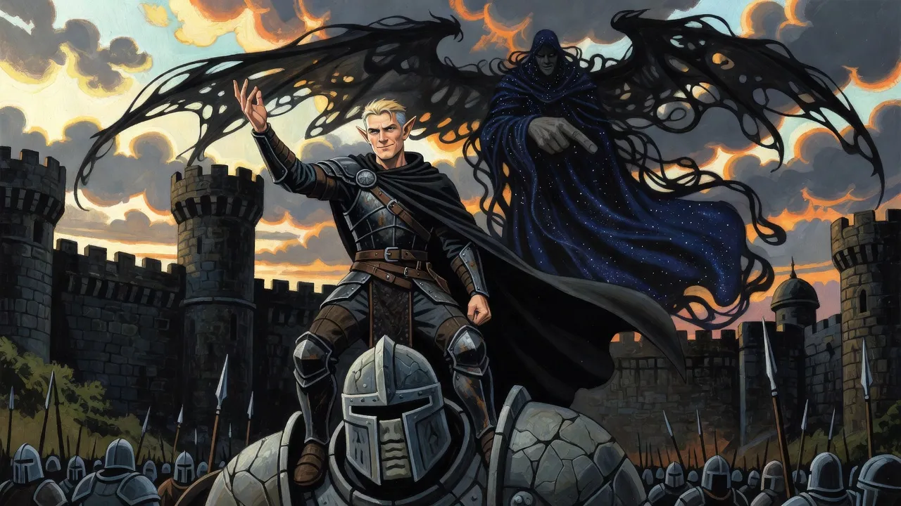 An elf knight stands on a giant golem’s shoulders before an army as vast ghostly black wings spread behind him and a giant shadowy god in the clouds wags a finger.