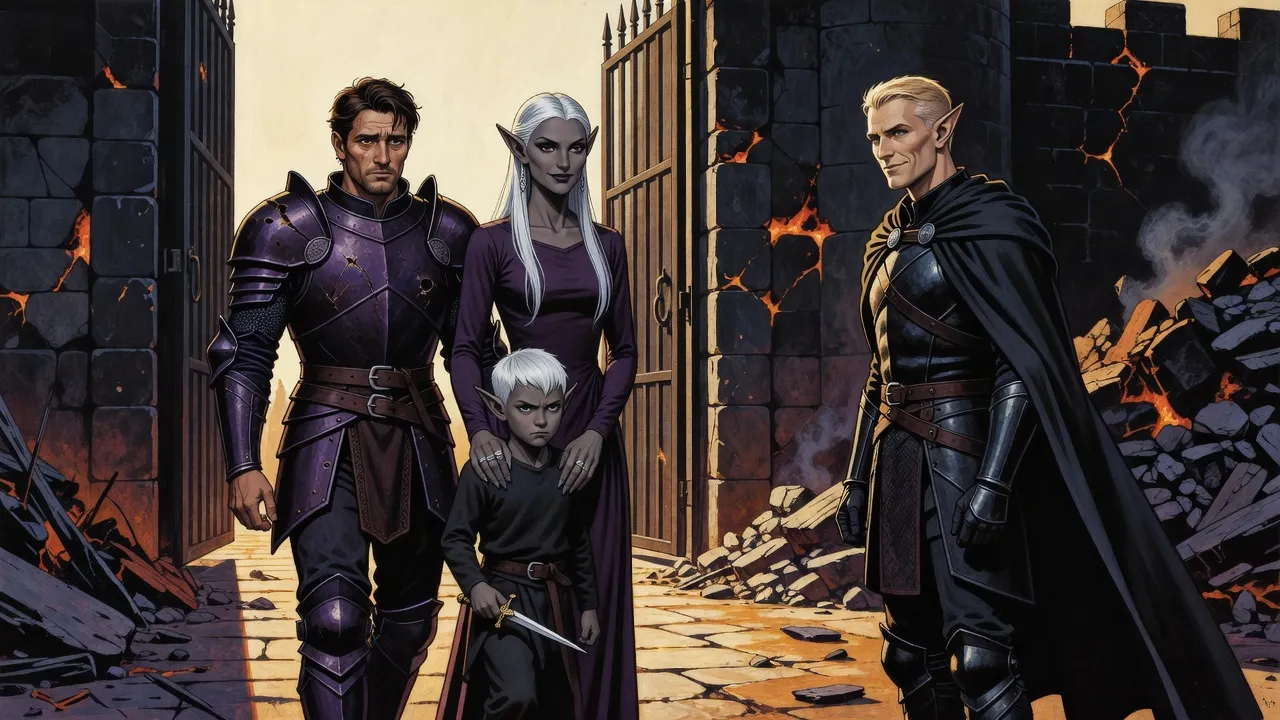 A weary paladin and a regal drow woman walk out of a battered castle gate with a small drow boy stepping protectively in front of her, as an elf knight welcomes them.