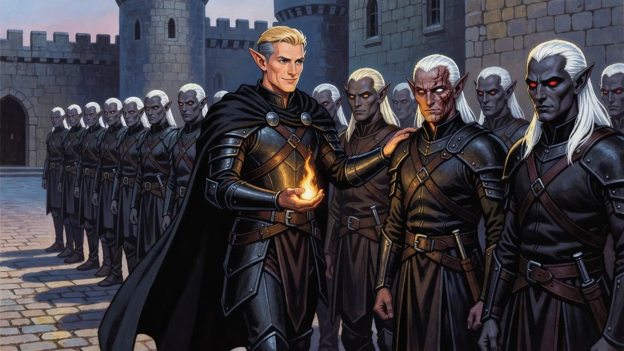 An elf knight walks a line of drow soldiers in dark leathers at dawn, his hand on the shoulder of a scarred drow as a small golden flame passes from his palm.